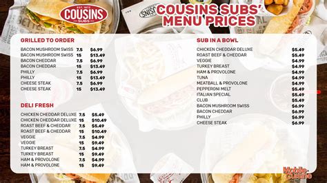 Each box lunch can be customized with any combination of our delicious cold subs, chips and cookie all served in a convenient, transportable box. . Cousins subs menu